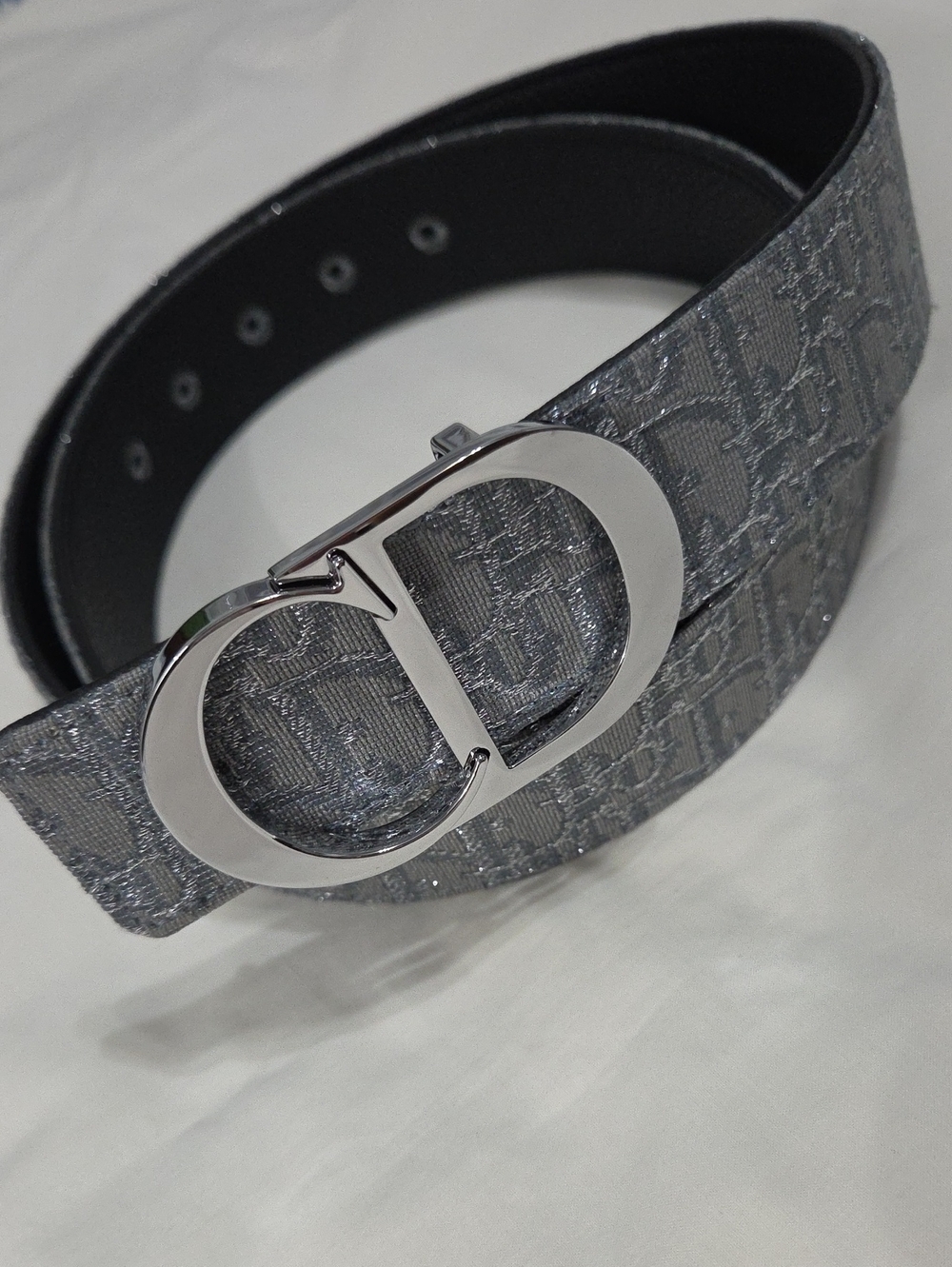 Dior Oblique Canvas Belt with CD Silver Buckle Gray Black Reversible